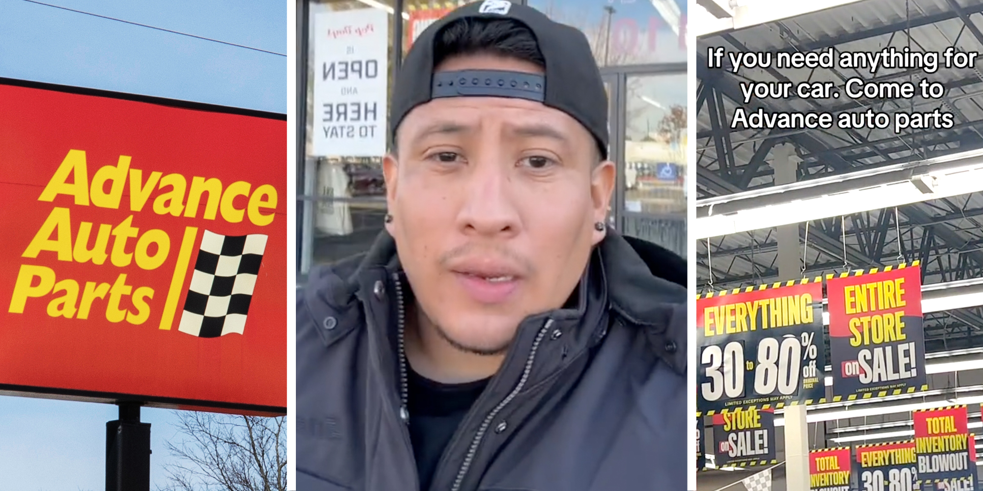 Advance Auto Parts sign(l), Man talking(c), Sale signs(r)