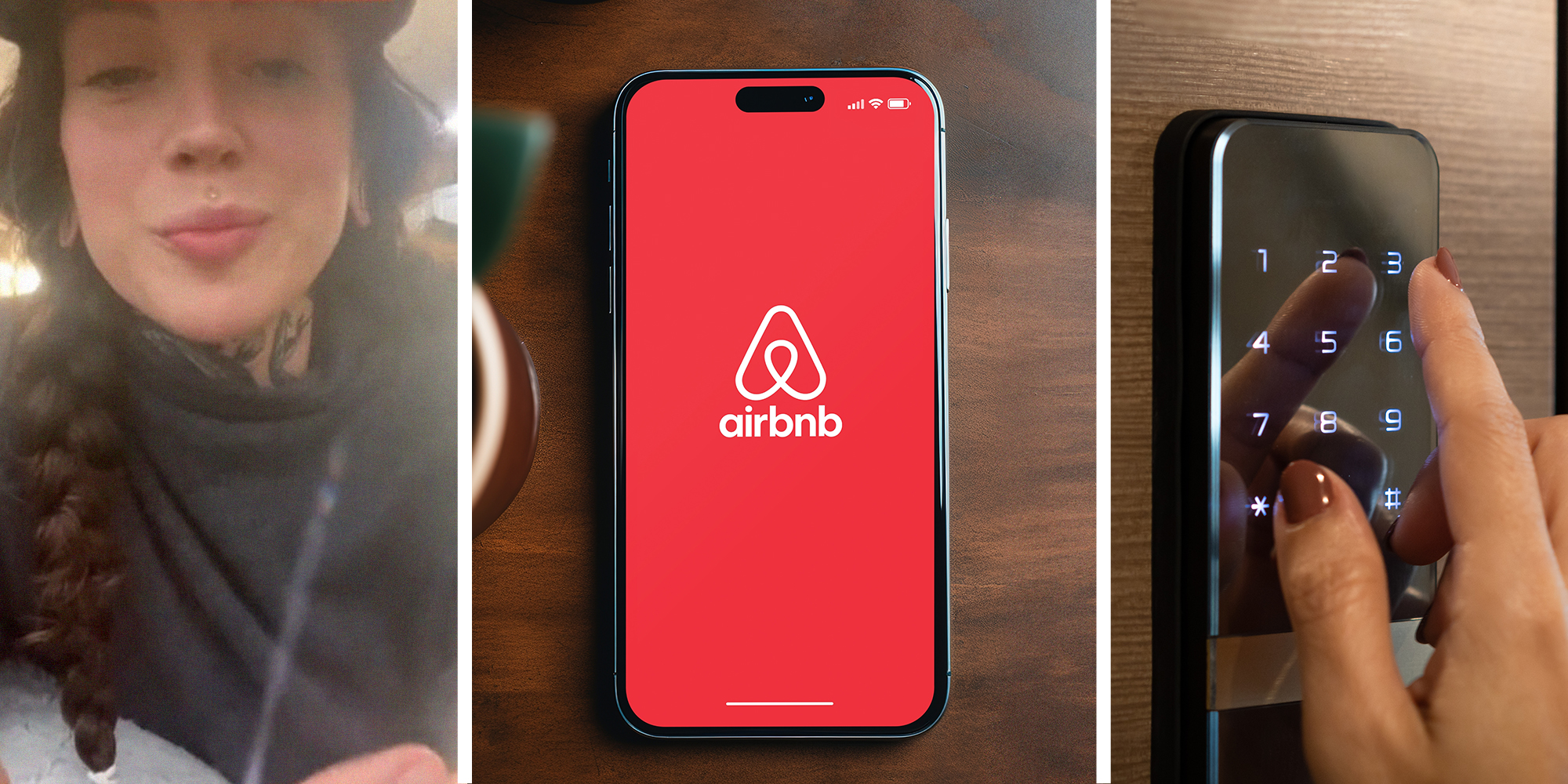 woman shares dangers of AirBnb(l) Airbnb logo on phone(c) Door pass code lock(r)