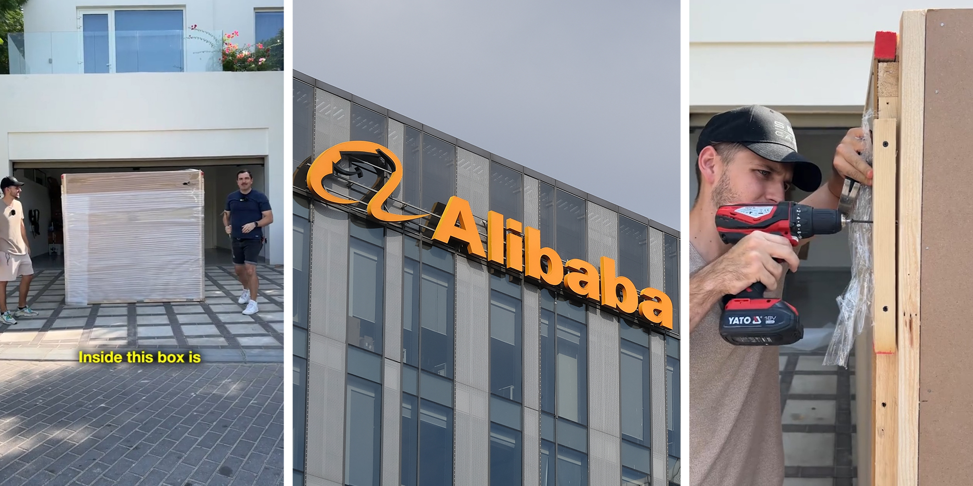 Men beside wooden box(l) Alibaba Store Sign(c) Man drilling box(r)