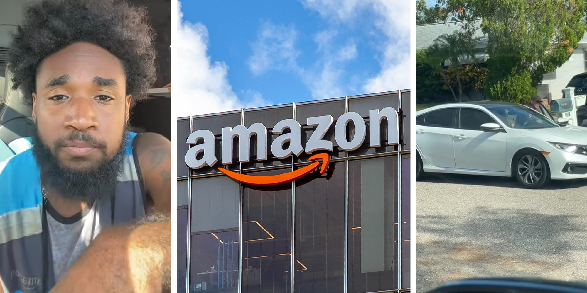 amazon worker(l) Amazon Sign on Building(c) Person getting in car(r)