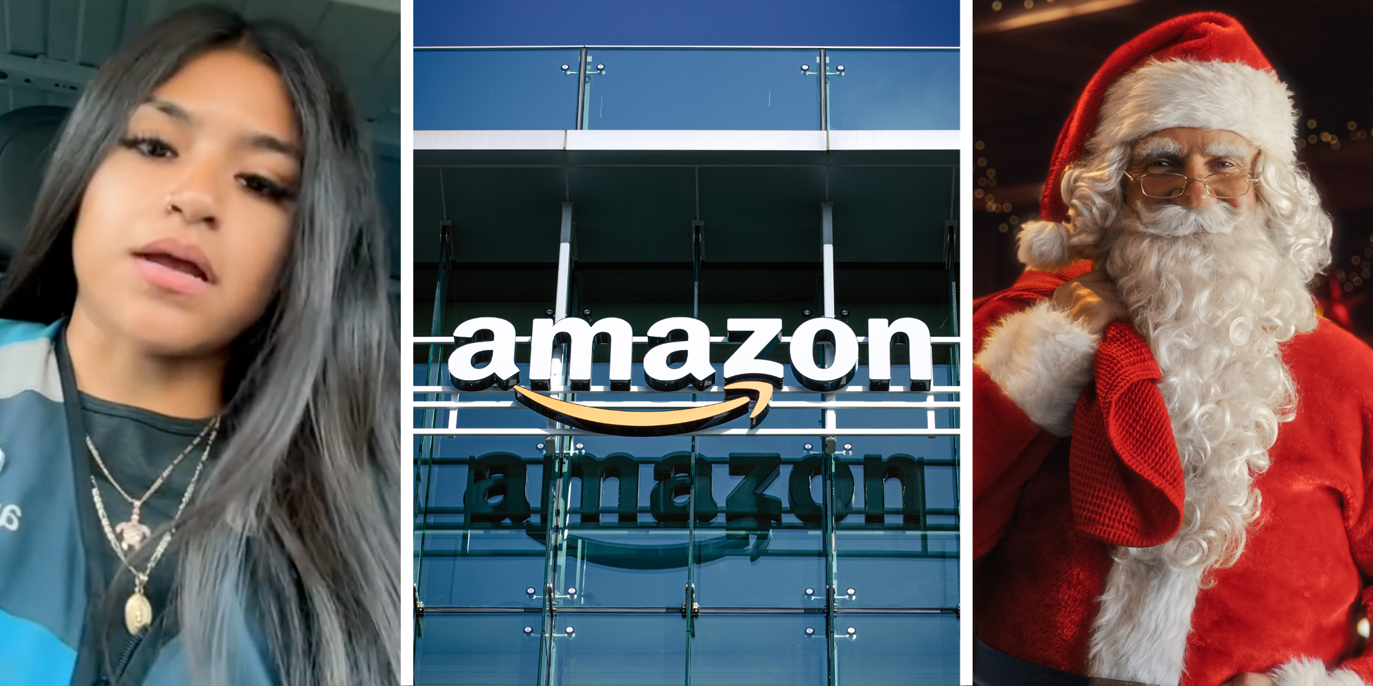 Woman talking(l), Amazon HQ(c), Santa Clause(r)
