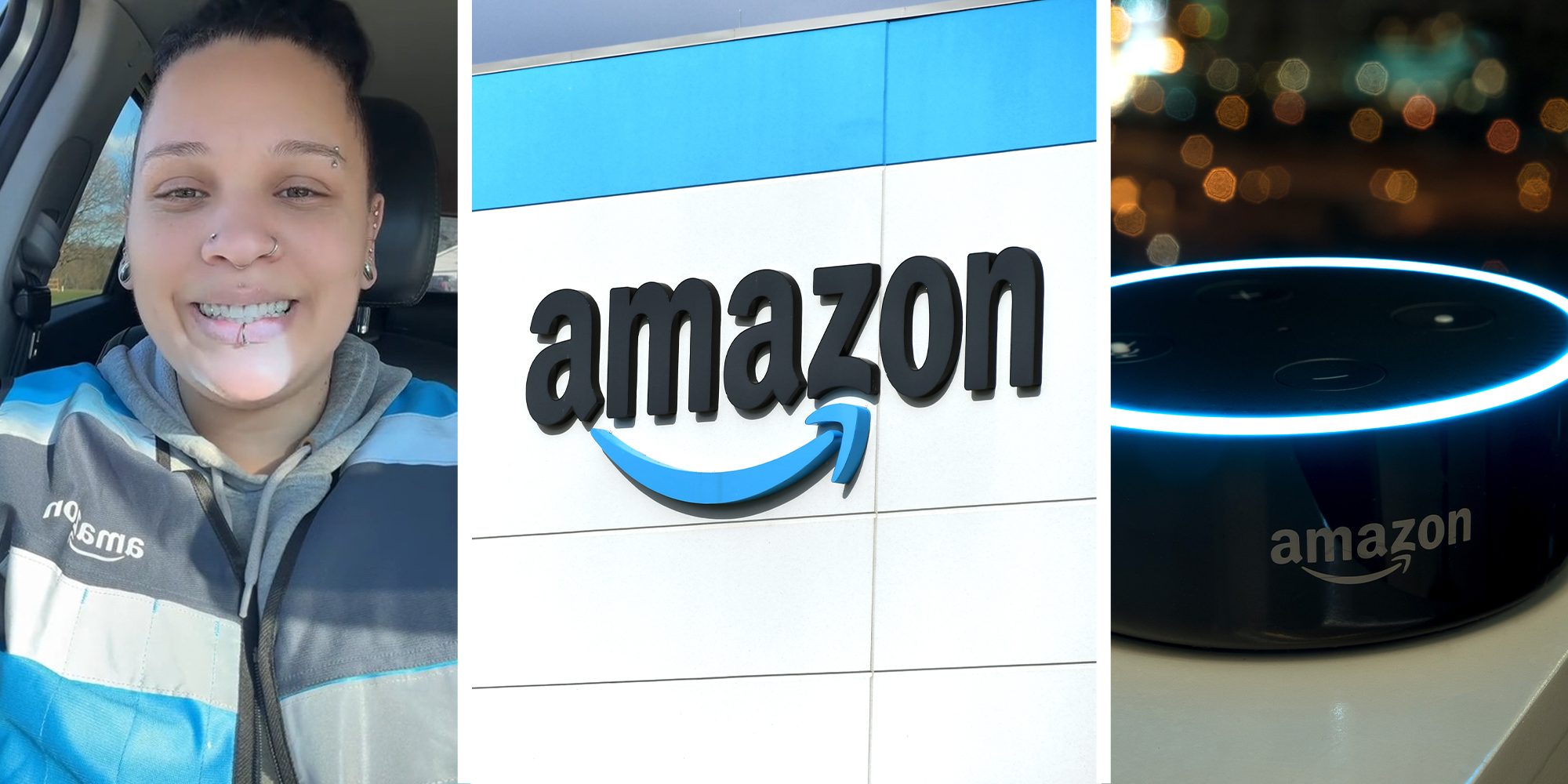 Amazon driver smiling(l) Amazon Company Logo(c) Amazon Alexa(r)