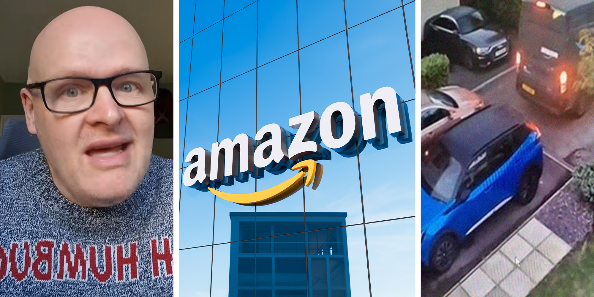 Person sharing how amazon workers drive(l) Amazon Logo on building(c) Footage of Amazon Van reversing into parking lot
