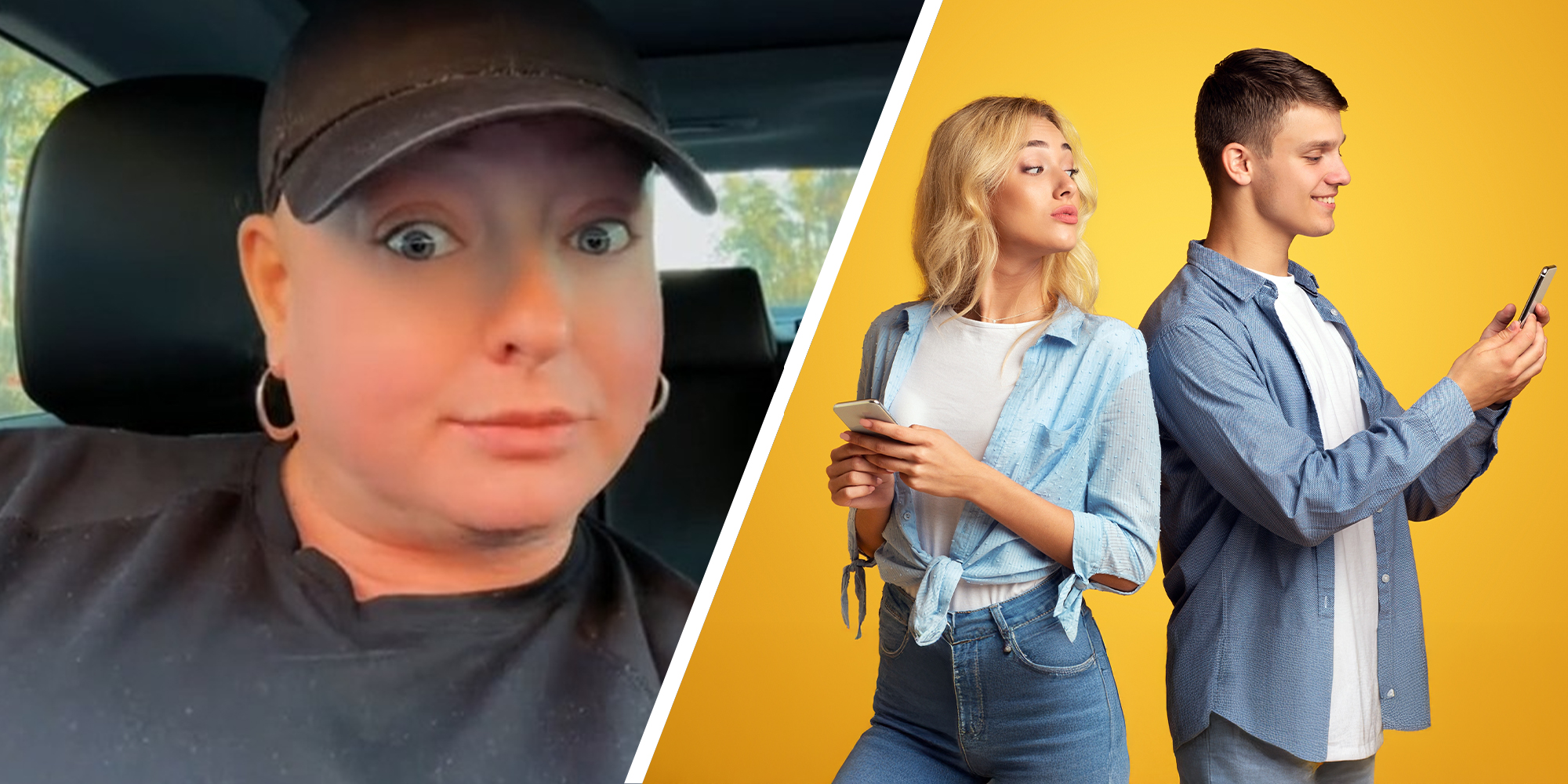 woman sharing updates about new apple software(I) Woman sneaking a look onto persons phone(r)