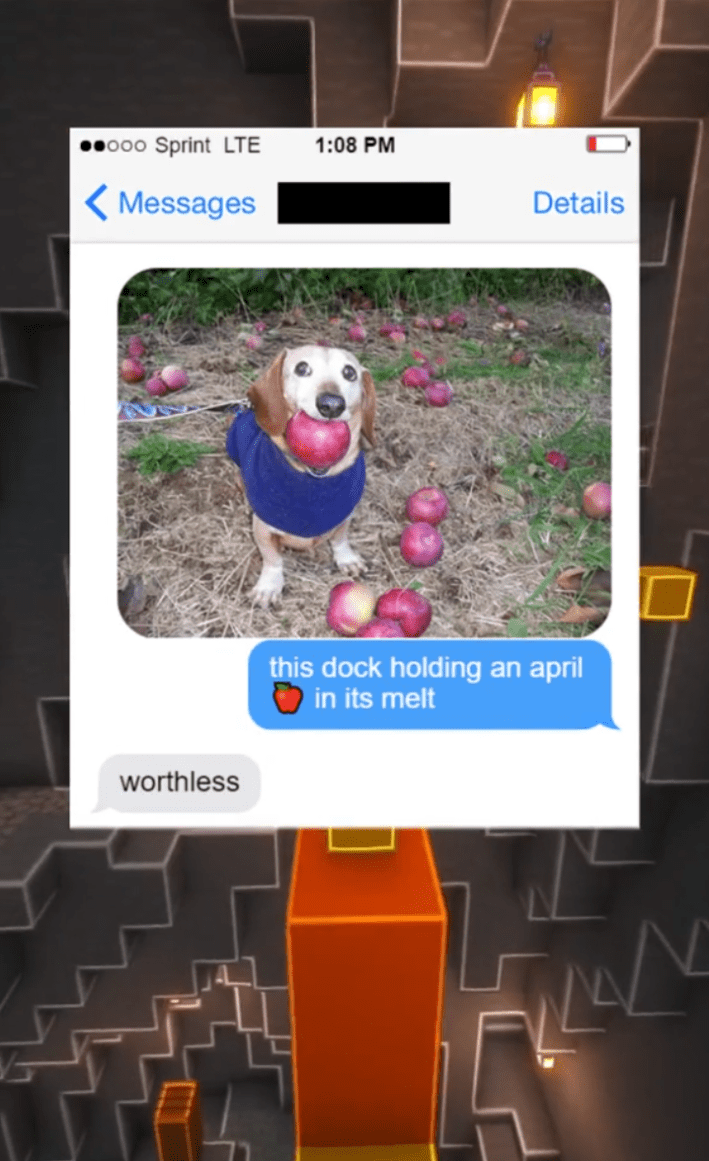 TikTok of a fake text message conversation using the Apple Dog meme. Text response is, "worthless."