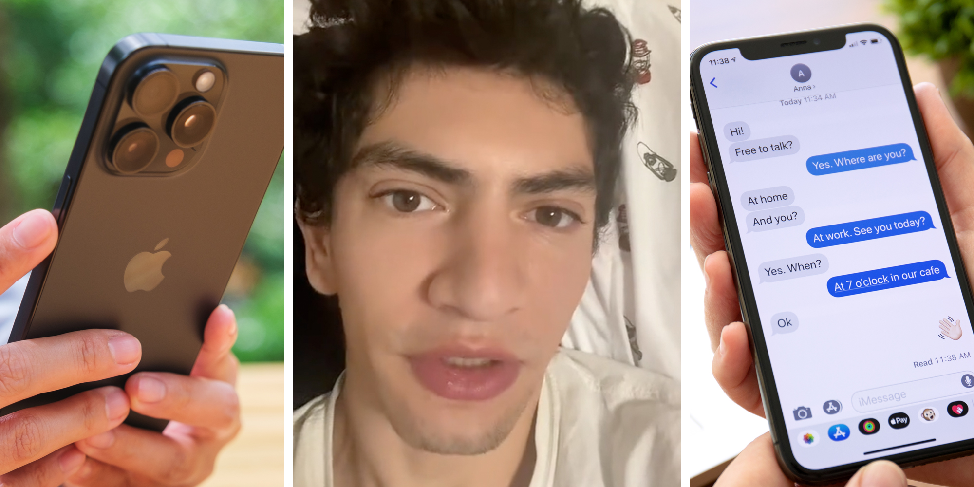 Hand phone iphone(l), man talking(c), Hand holding iphone with imessages(r)