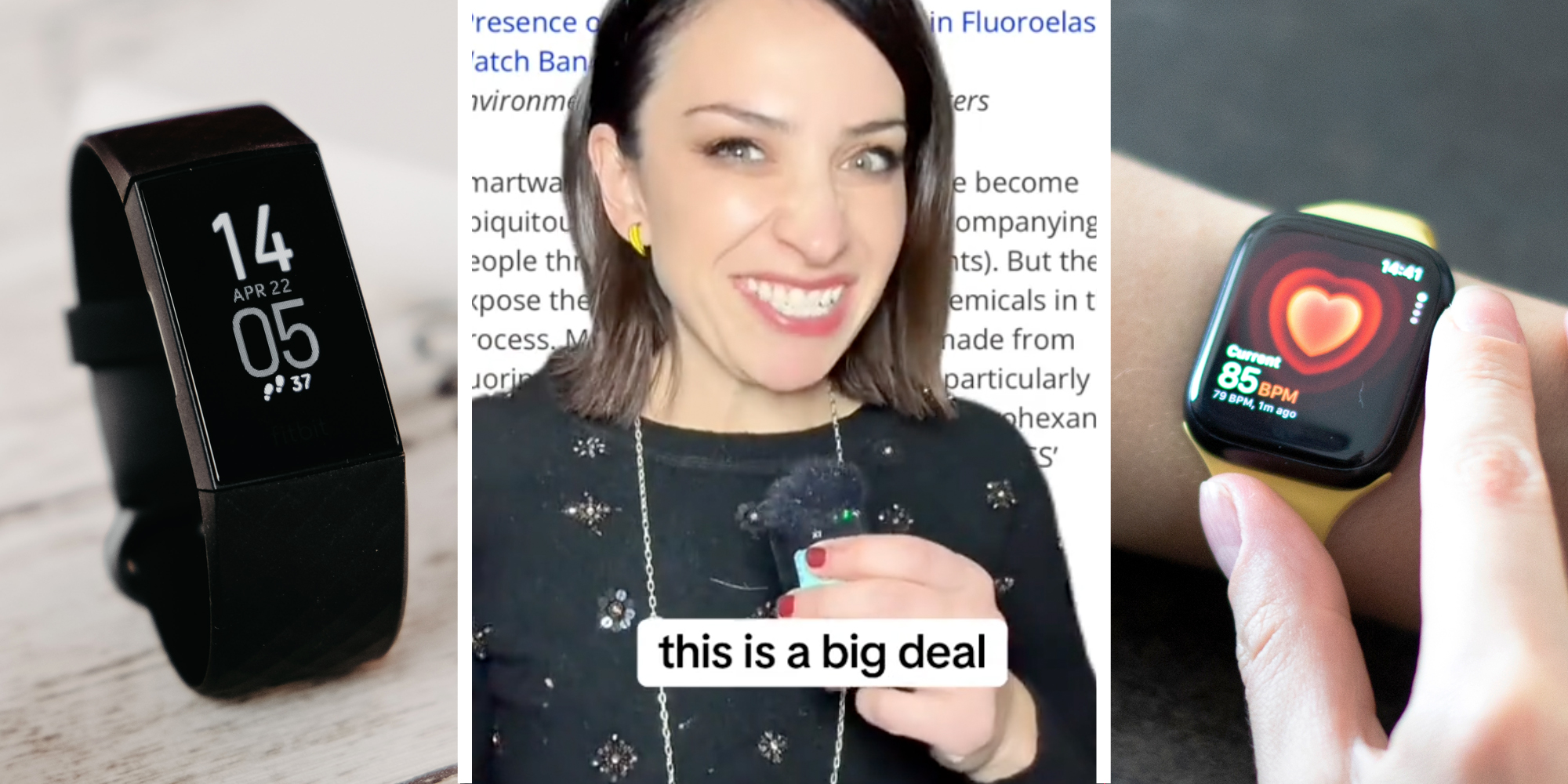 Fitbit(l), Woman talking with text "this is a big deal"(c), Apple watch on wrist(r)