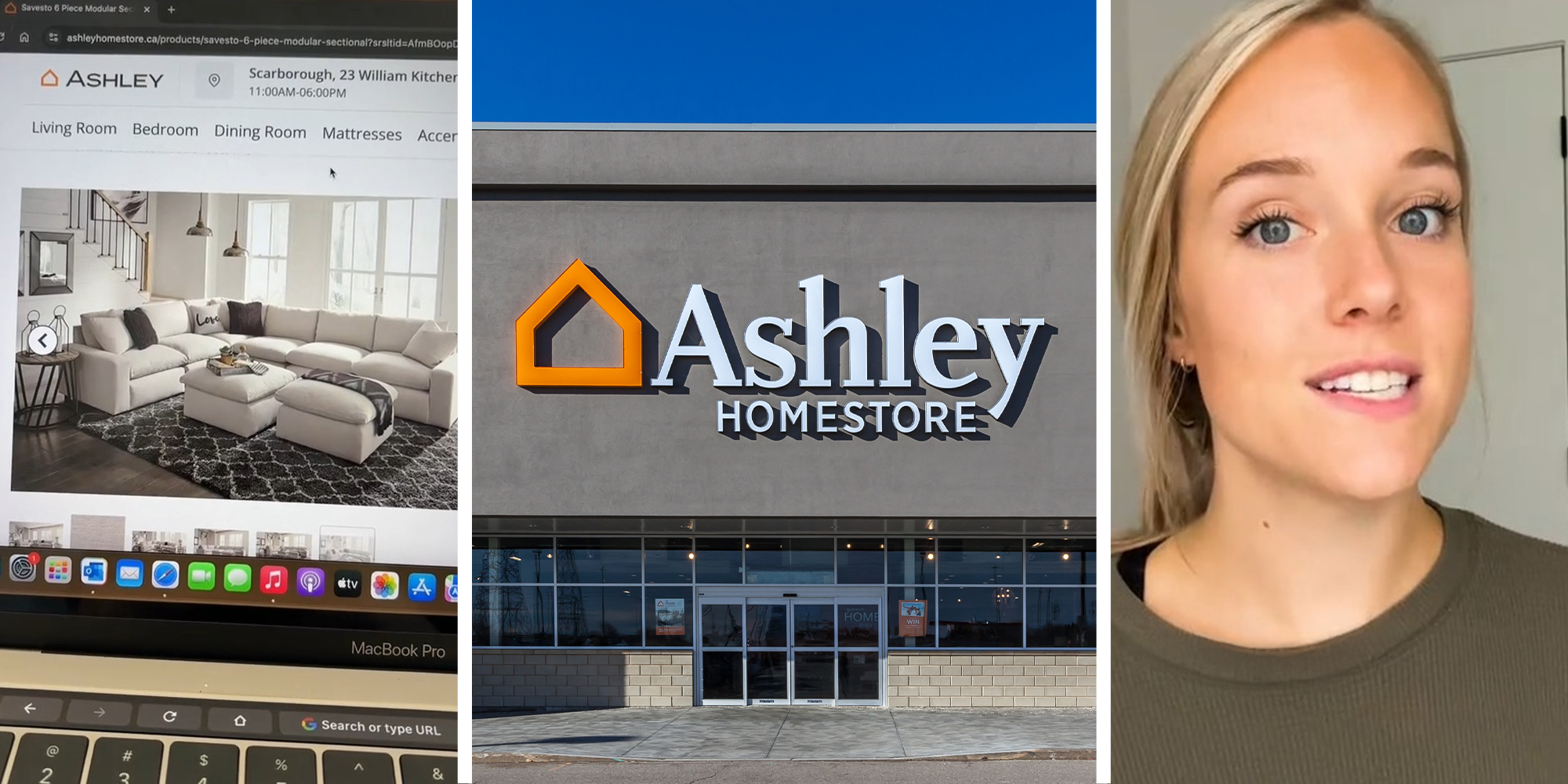 ashley online store website(l) Ashley homestore sign(c) Woman sharing her experience with Ashley homestore