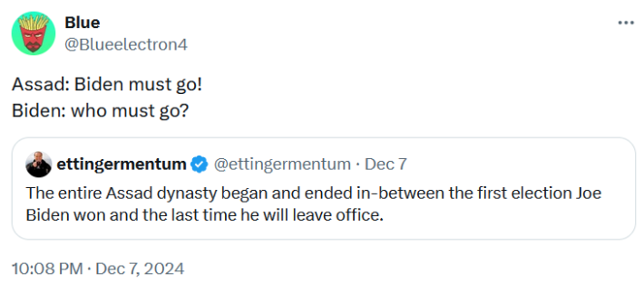 Tweet reading "Assad: Biden must go! Biden: who must go?"