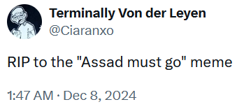 Tweet reading "RIP to the 'Assad must go' meme."