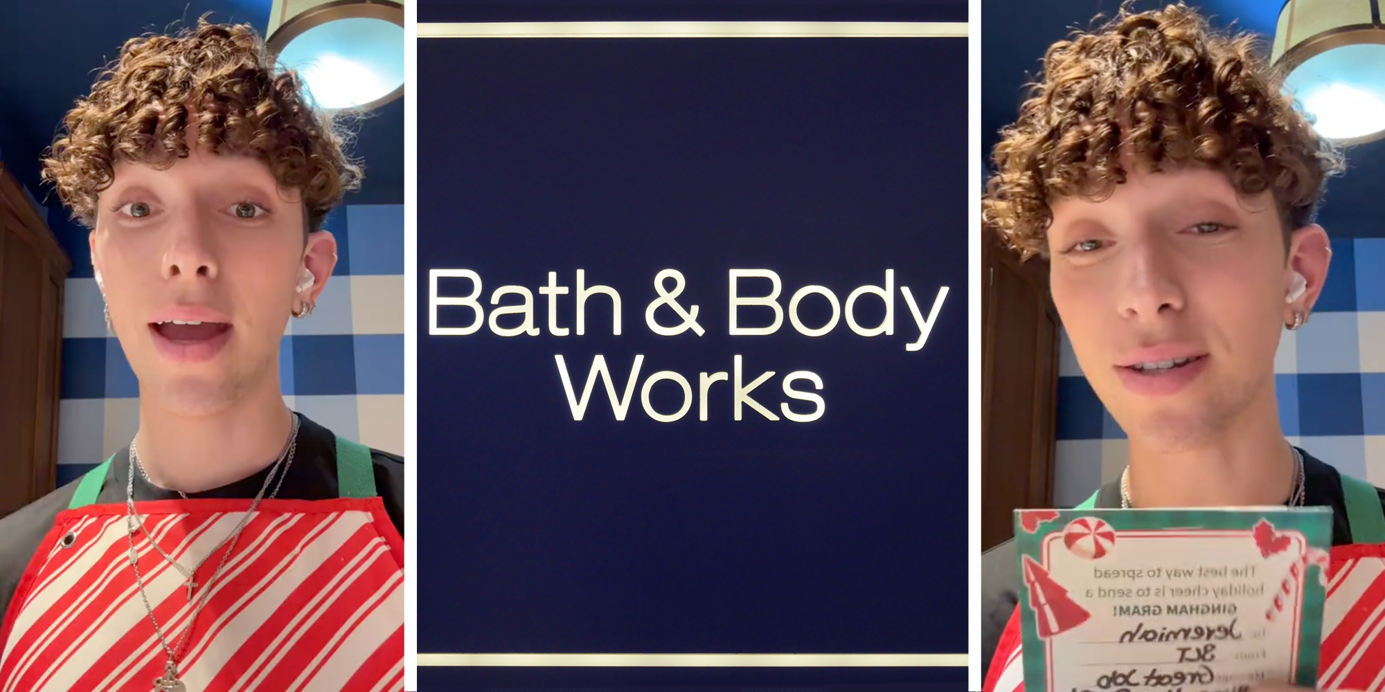 Man talking(l+r), Bath & Body works sign(c)