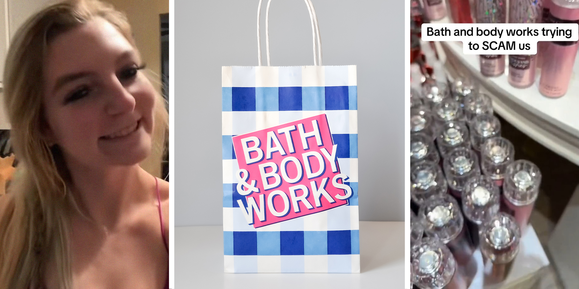 girl smiling(l) Bath and body works bag(c) Bath and body works products(r)