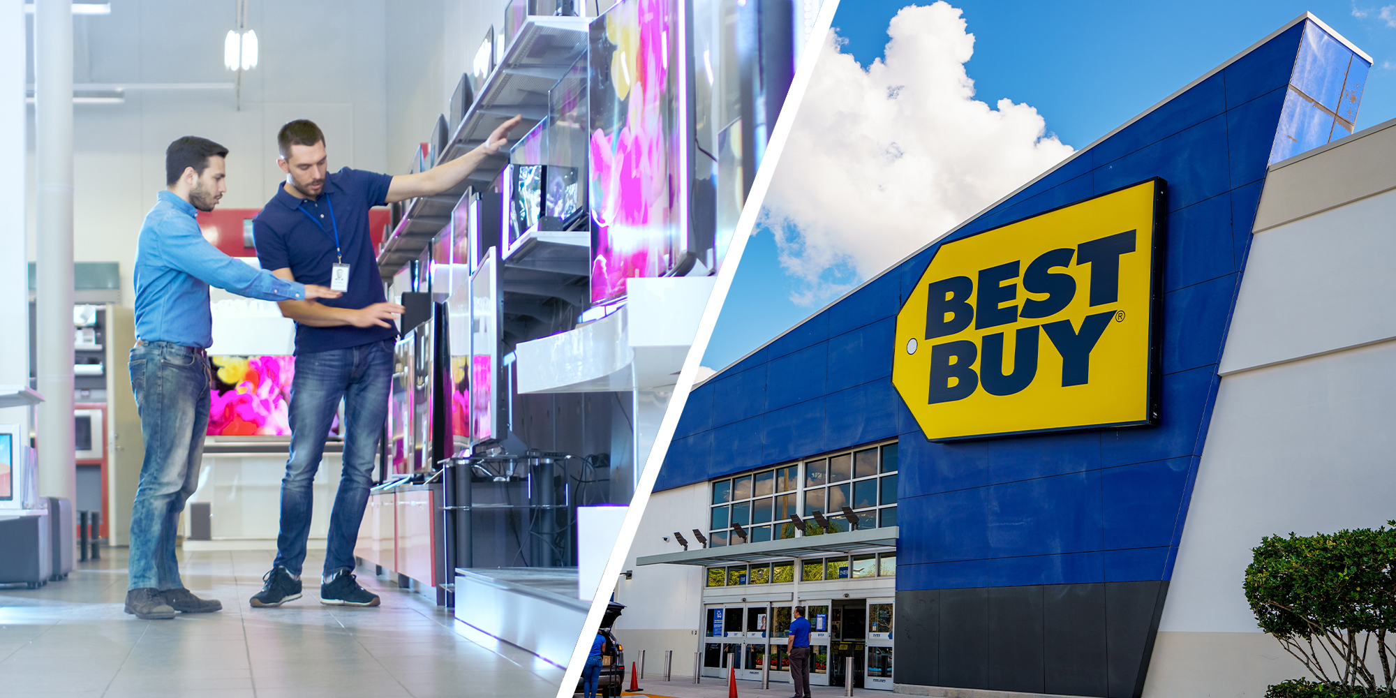 Salesman showing tv to customer(l) BestBuy Building(r)