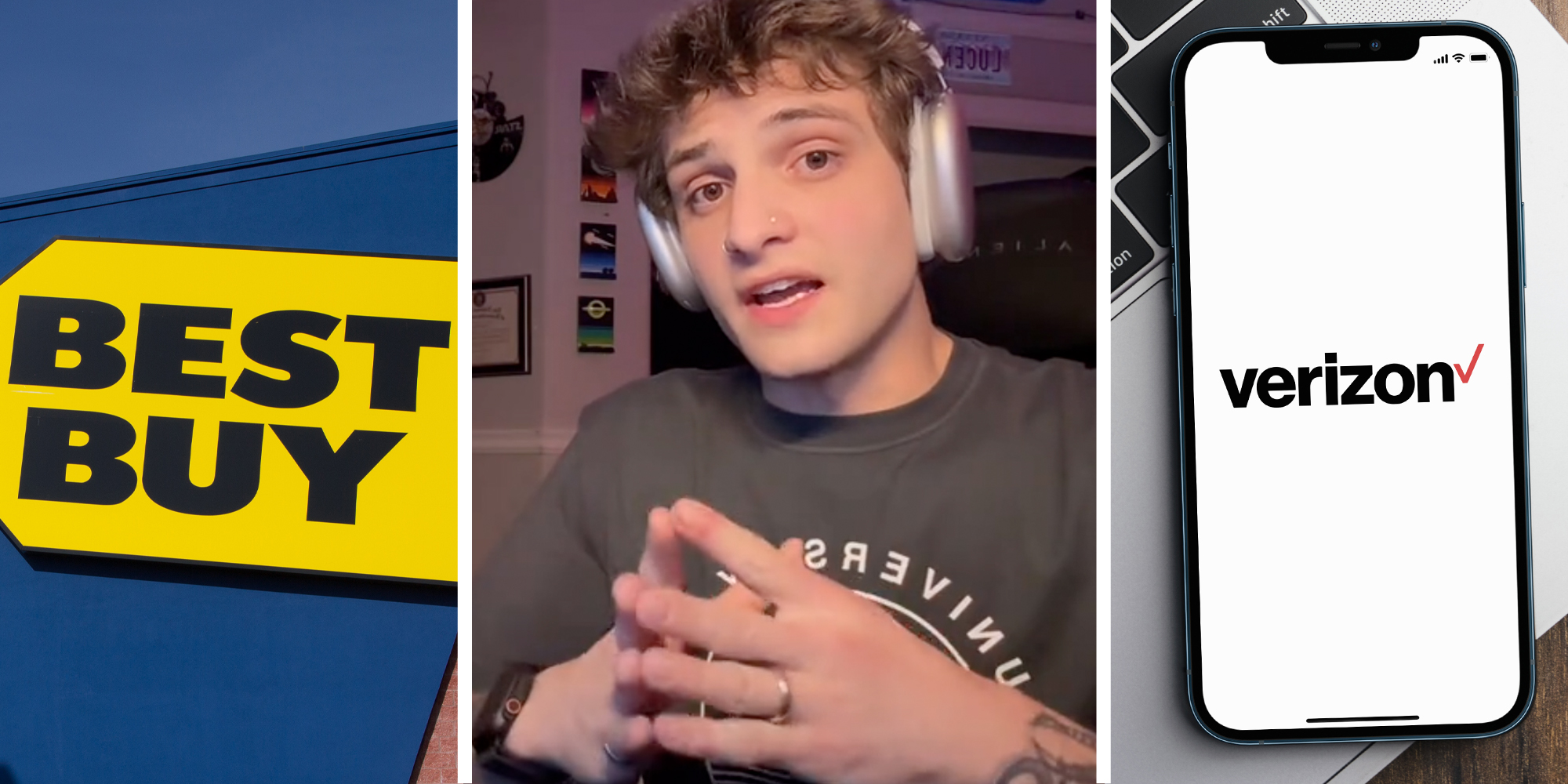 Best Buy sign(l), Man talking(c), Iphone with verizon on it(r)
