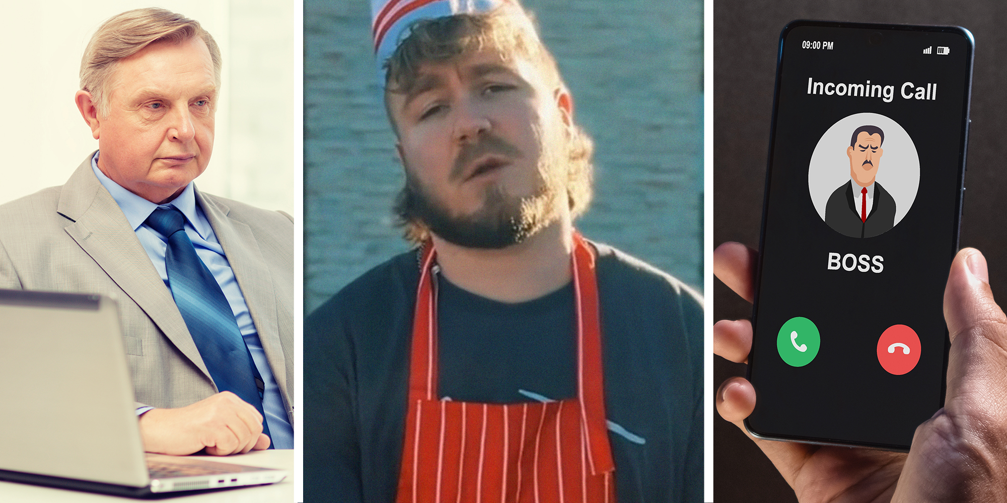 Man wearing a suit while using a laptop(l) Man wearing restaurant uniform(c) Phone with incoming graphic call from Boss(r)