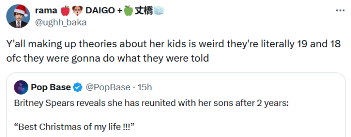 Tweet reading "Y'all making up theories about her kids is weird they're literally 19 and 18 ofc they were gonna do what they were told."