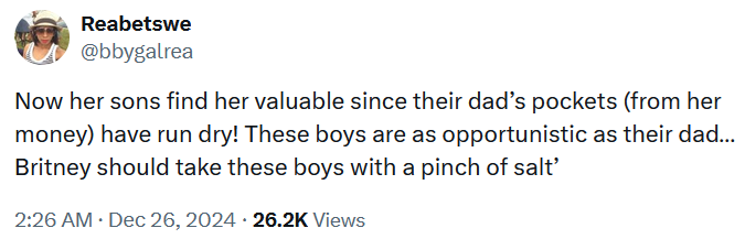Tweet reading "Now her sons find her valuable since their dad’s pockets (from her money) have run dry! These boys are as opportunistic as their dad… Britney should take these boys with a pinch of salt’"