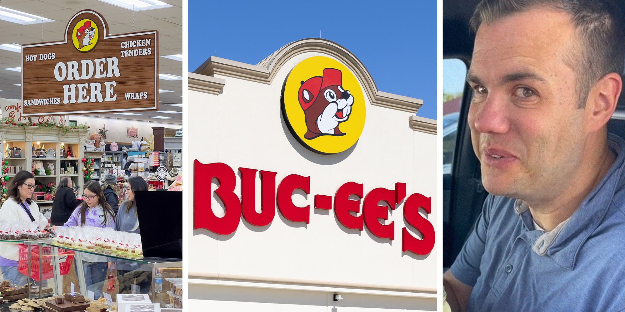 People buying inside of Buc-ees(l) Buc-ee's Store Sign(c) Man sharing what he bought inside of Buc-ee's