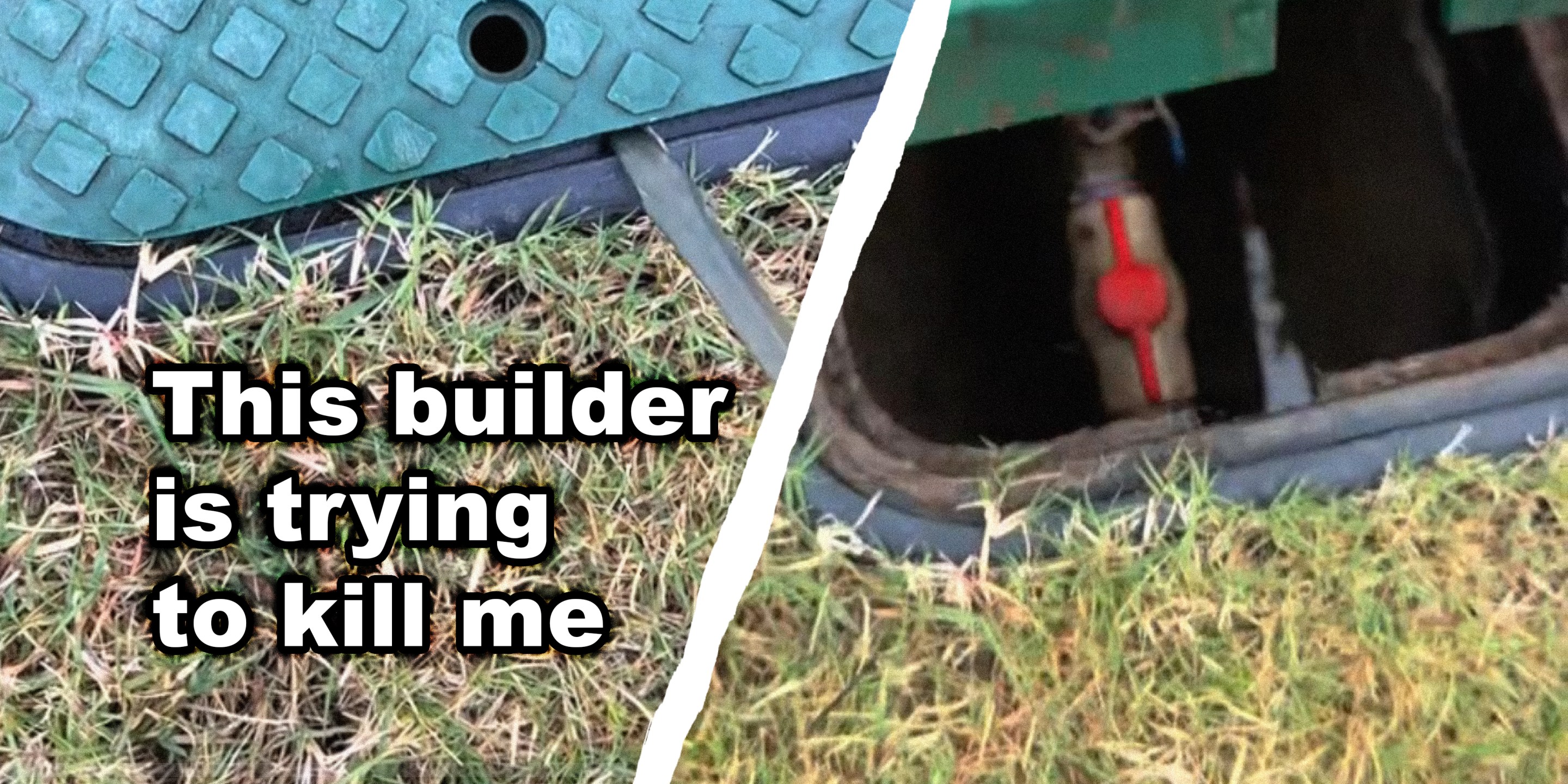2 panel image showing a gas main cover being opened with a screwdriver with text over, "This builder is trying to kill me"