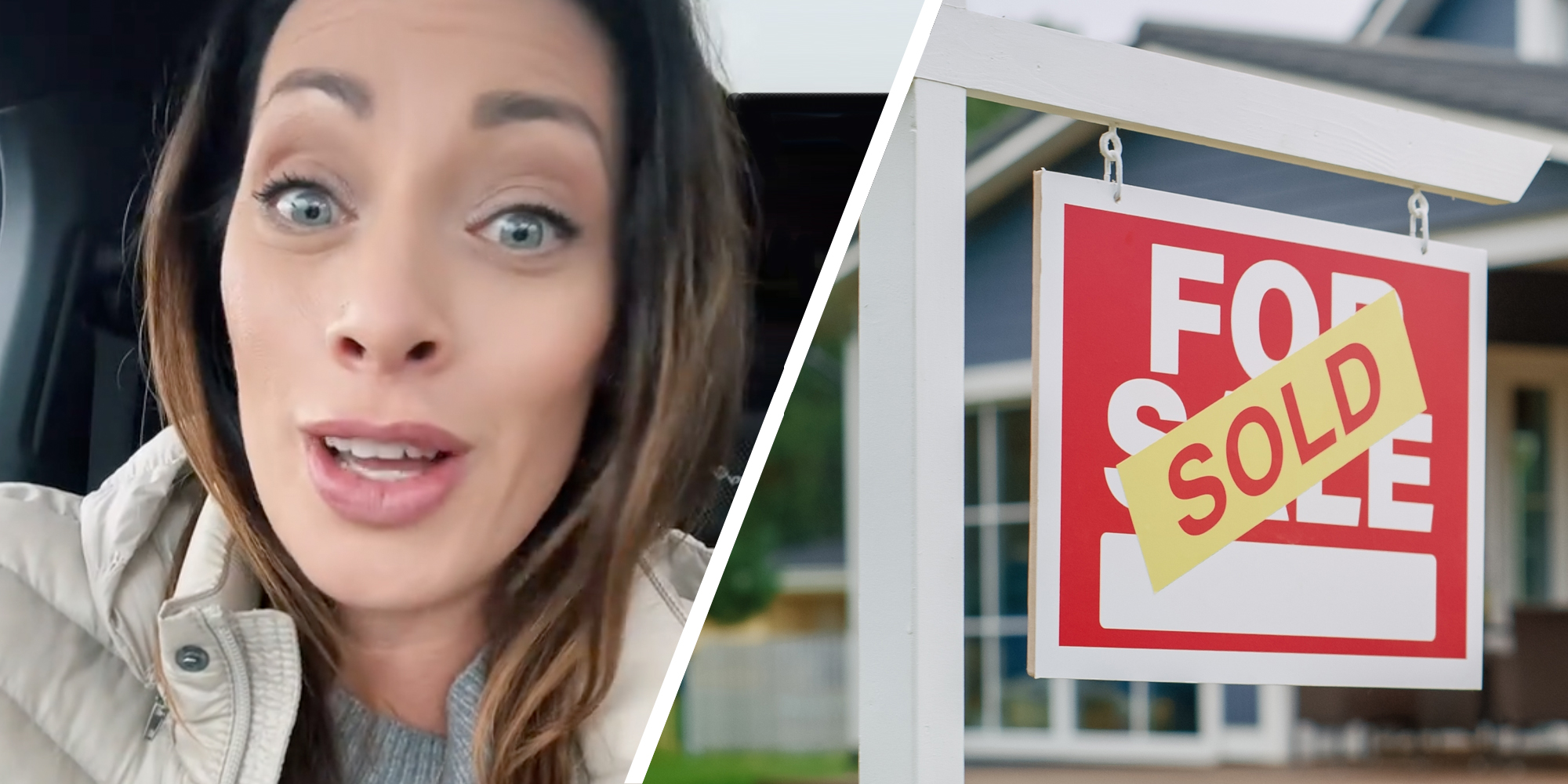 Woman talking(l), For sale sign with sold on top(r)