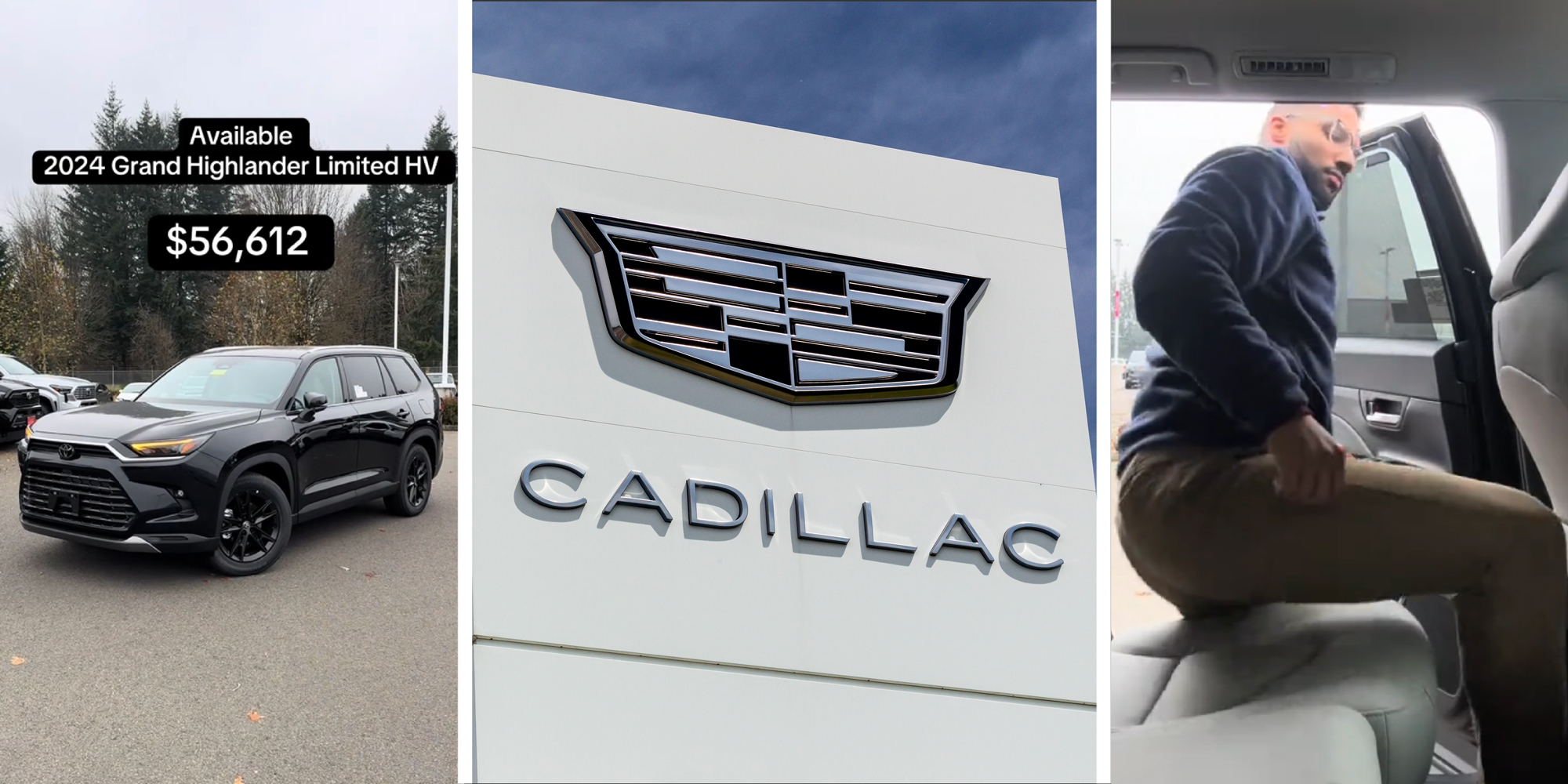 3 panel image: on the left is a photo of the car with the text over: "Available 2024 Grand Highlander Limited HV". In the middle is the Cadillac sign at an auto dealership, and on the right a person climbs into the back seat of a car.