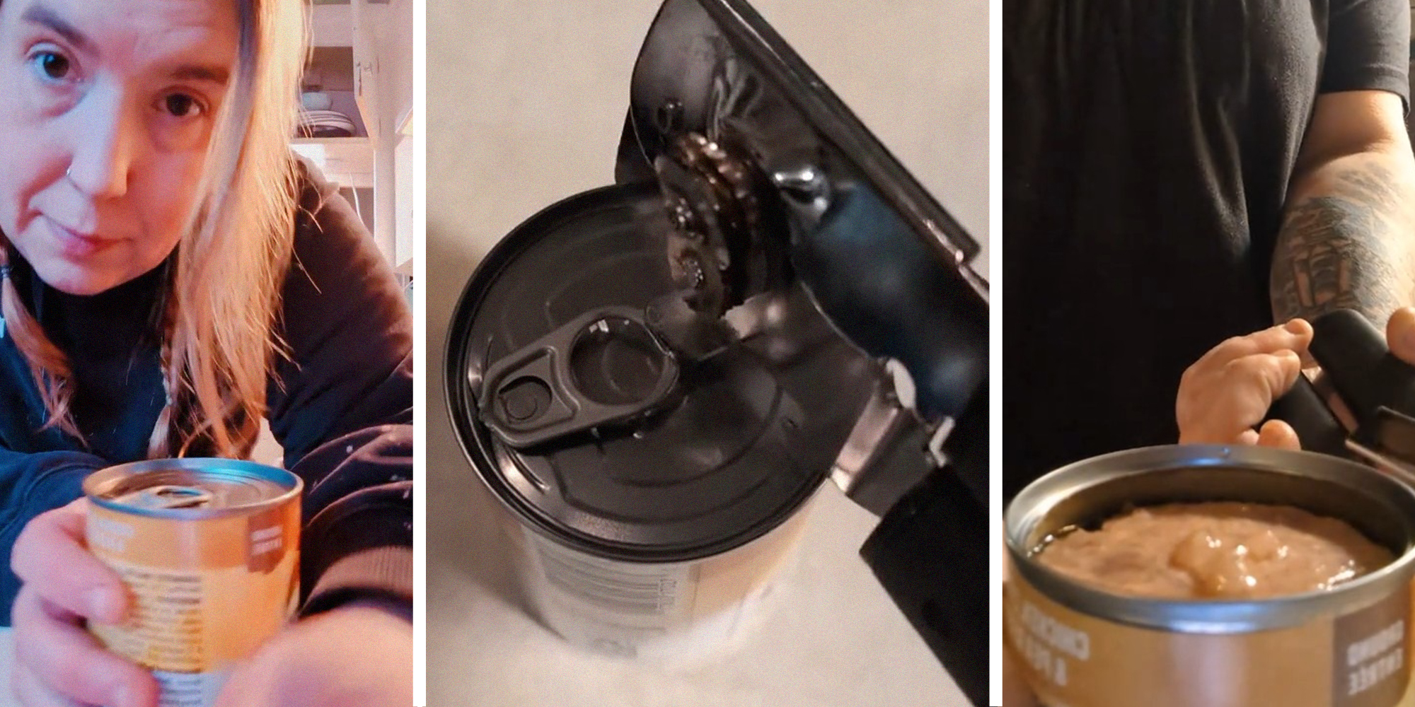 Woman holding Can(l) Can Opener Tool(c) Opened Can(r)
