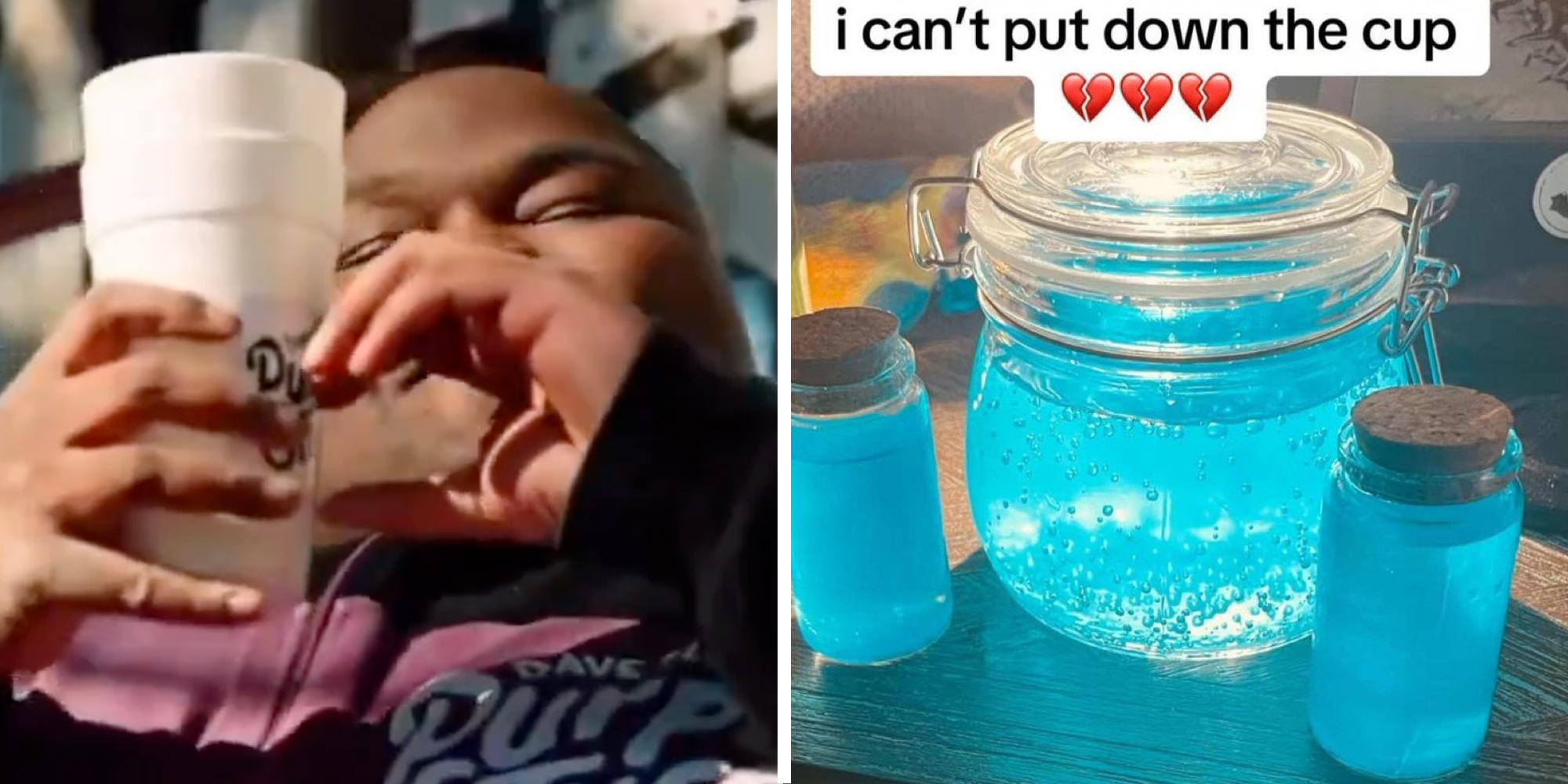 Man holding cup(l) Blue gel in containers with text that says "i can't put down the cup"(r)