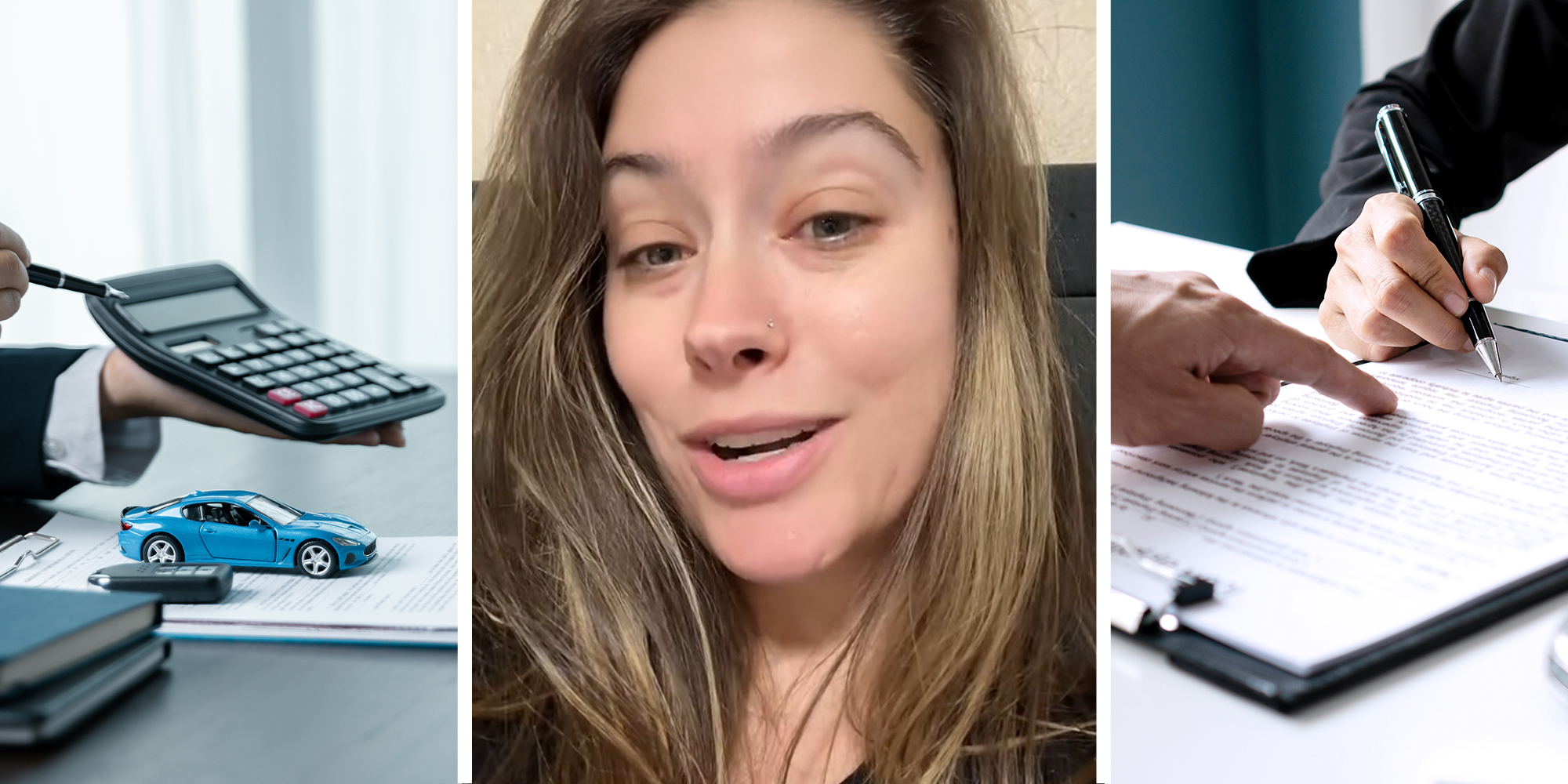 sales person holding up calculator (l) Woman sharing car dealer story(c) Person pointing at contract while another signs(r)