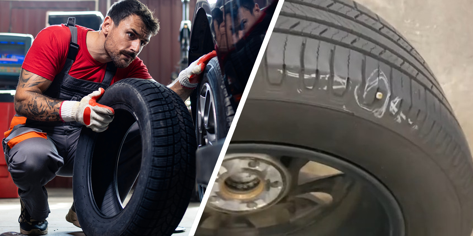 Man holding up tire preparing for replacement(r) Tire marked showing nail puncture(r)