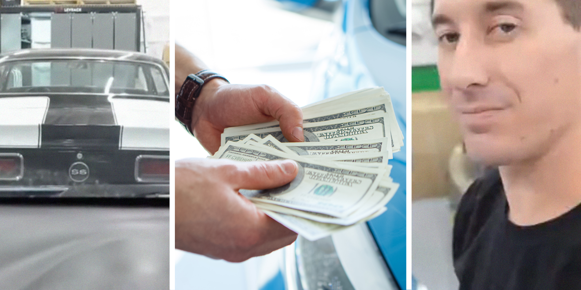 rear view of mustang(l) Man holding money near blue car(c) Man sharing information on new vehicle costs(r)