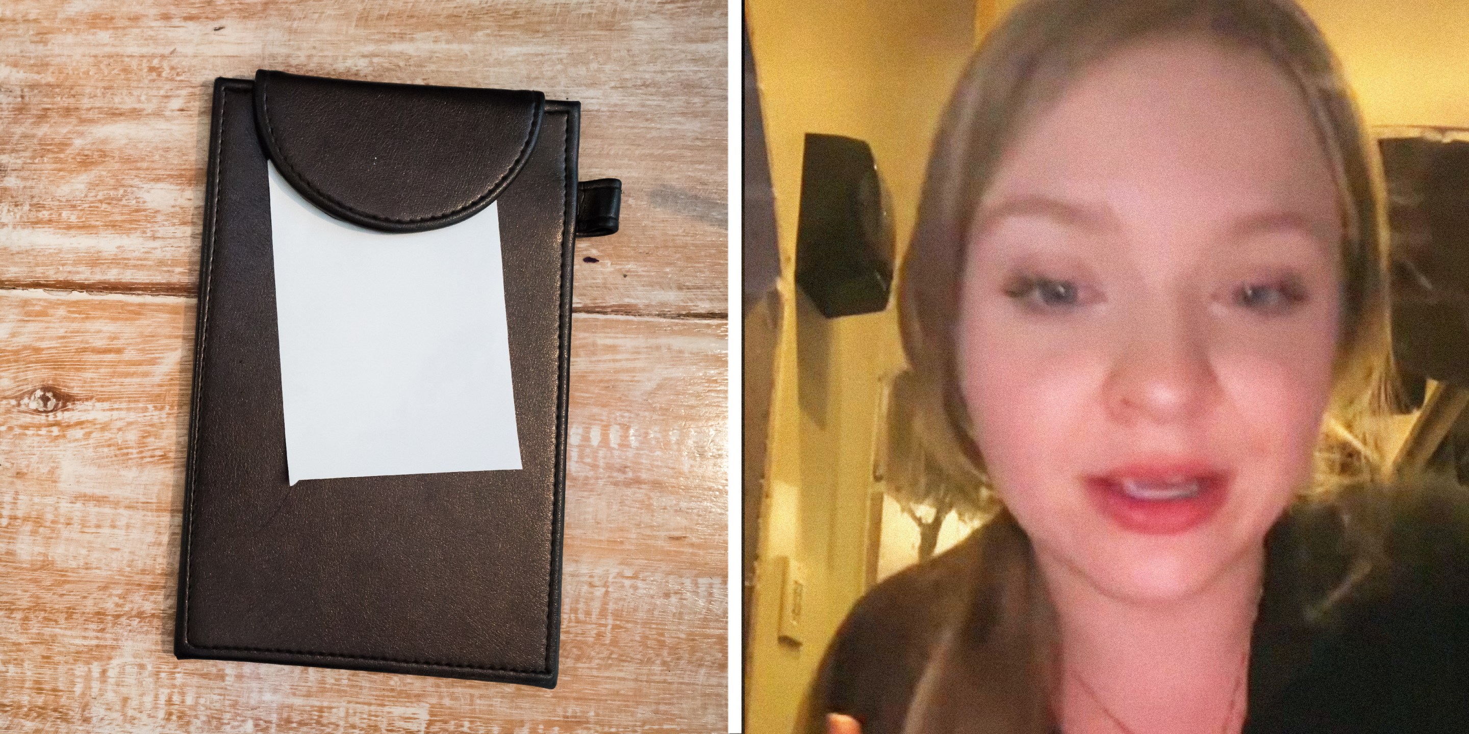 2 panel image: on the left is a restaurant receipt turned face down on a table, on the right a person explains.