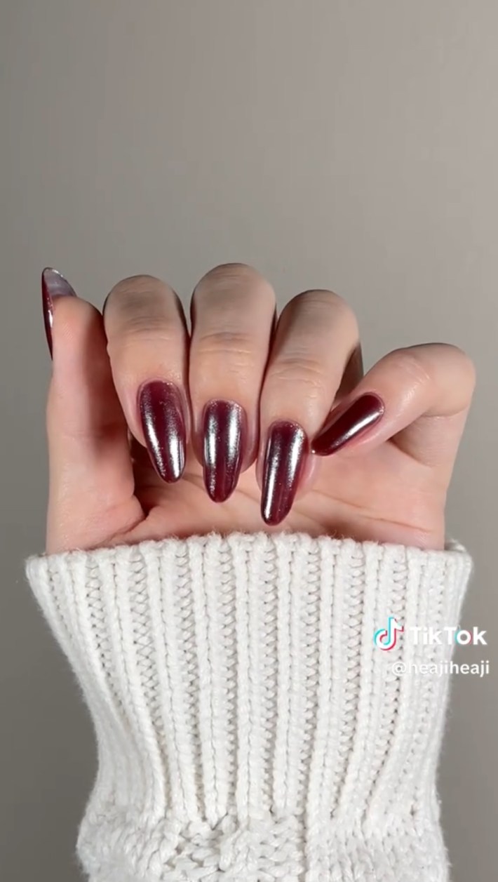 Chrome cherry cola nails