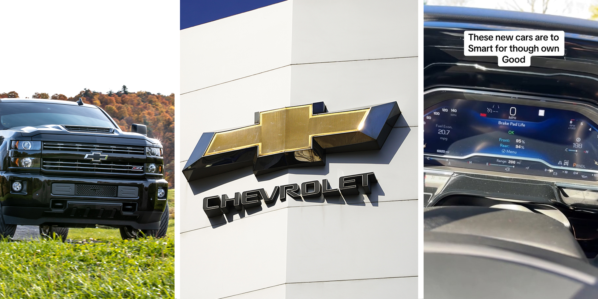 Black Chevy Pickup(l) Chevrolet dealer sign(c) Chevy dashboard features(r)