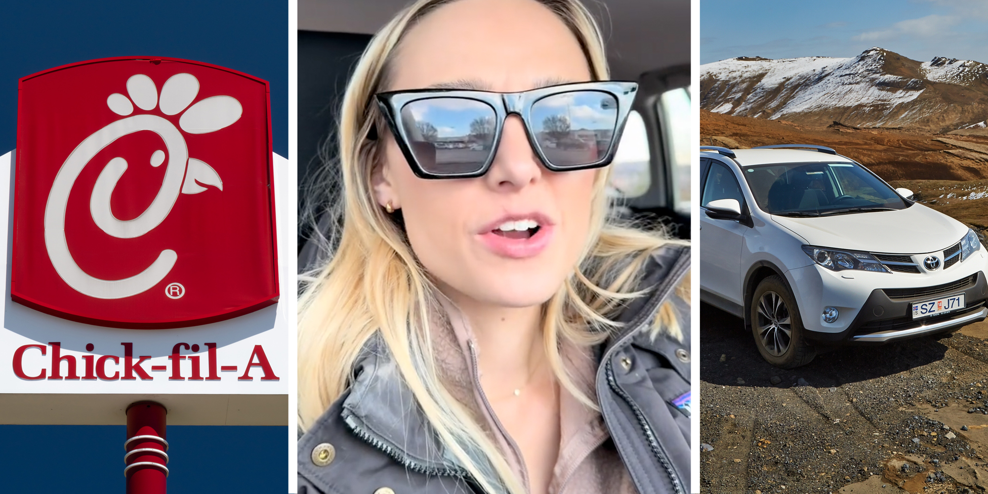 Chick-fil-a sign(L), Woman talking(c), Toyota Rav4(r)
