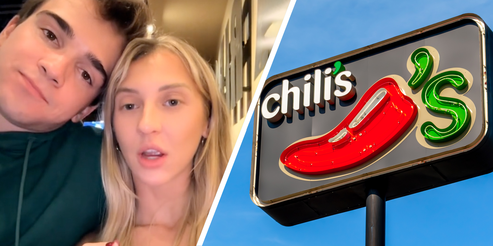 Couple talking(l), Chili's sign(r)