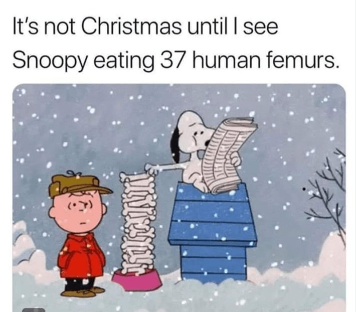 "It's not Christmas until I see Snoopy eating 37 human femurs." with a photo of the described image.