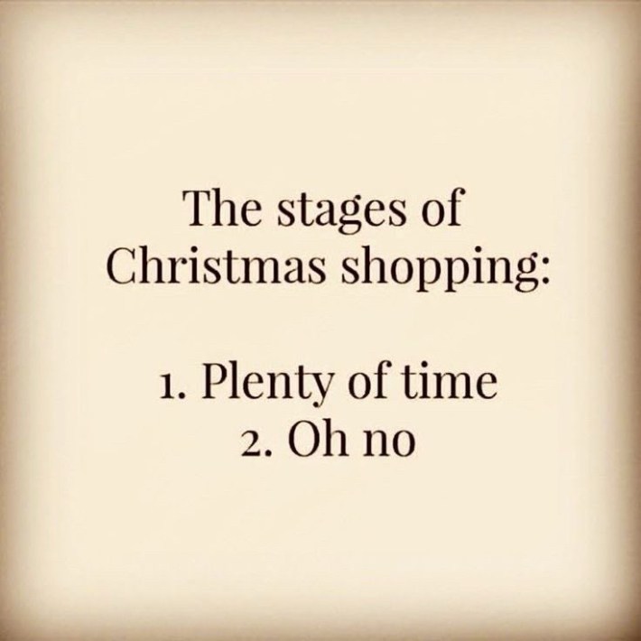 Christmas meme that says, "The stages of Christmas shopping: 1. Plenty of time 2. Oh no"