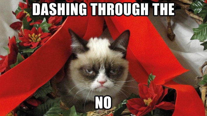 Christmas meme of Grumpy Cat under Christmas ribbons. Text reads, "Dashing through the NO."
