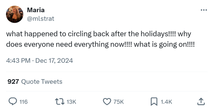 Christmas meme that reads, "what happened to circling back after the holidays!!!! why does everyone need everything now!!!! what is going on!!!!"