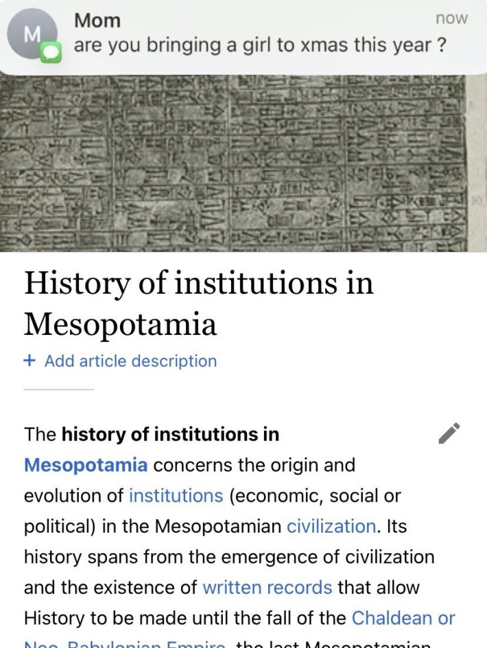 Christmas meme showing the History of institutions in Mesopotamia Wikipedia page and a text from Mom that reads, "are you bringing a girl to xmas this year ?"
