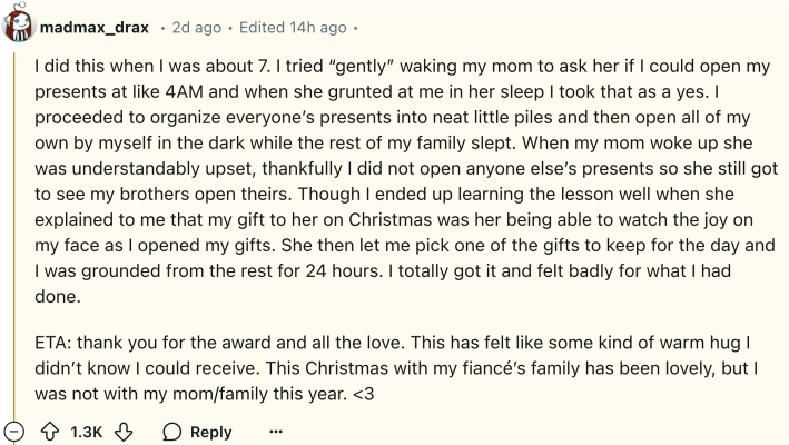 Reddit comment about the poster's personal experience doing something similar to their mother as a child and how they learned their lesson.