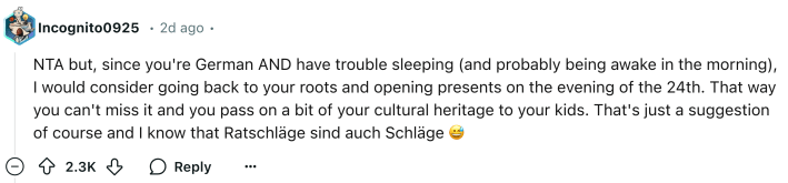 Reddit comment about switching to Christmas Eve gift opening like Germans do, given OP's username.