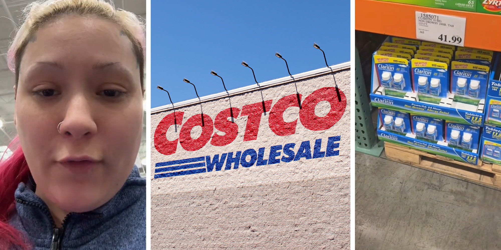 woman sharing deal she found(l) Costco Store Front(c) Claritin on shelves(r)