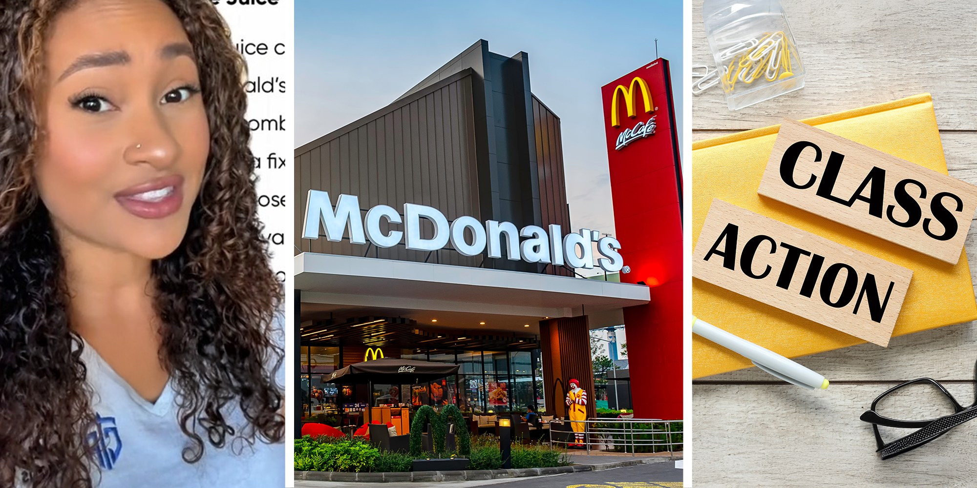 woman sharing class action coming to Mcdonalds(l) McDonalds Restaurant Front(c) Class Action text on top of notebook(r)