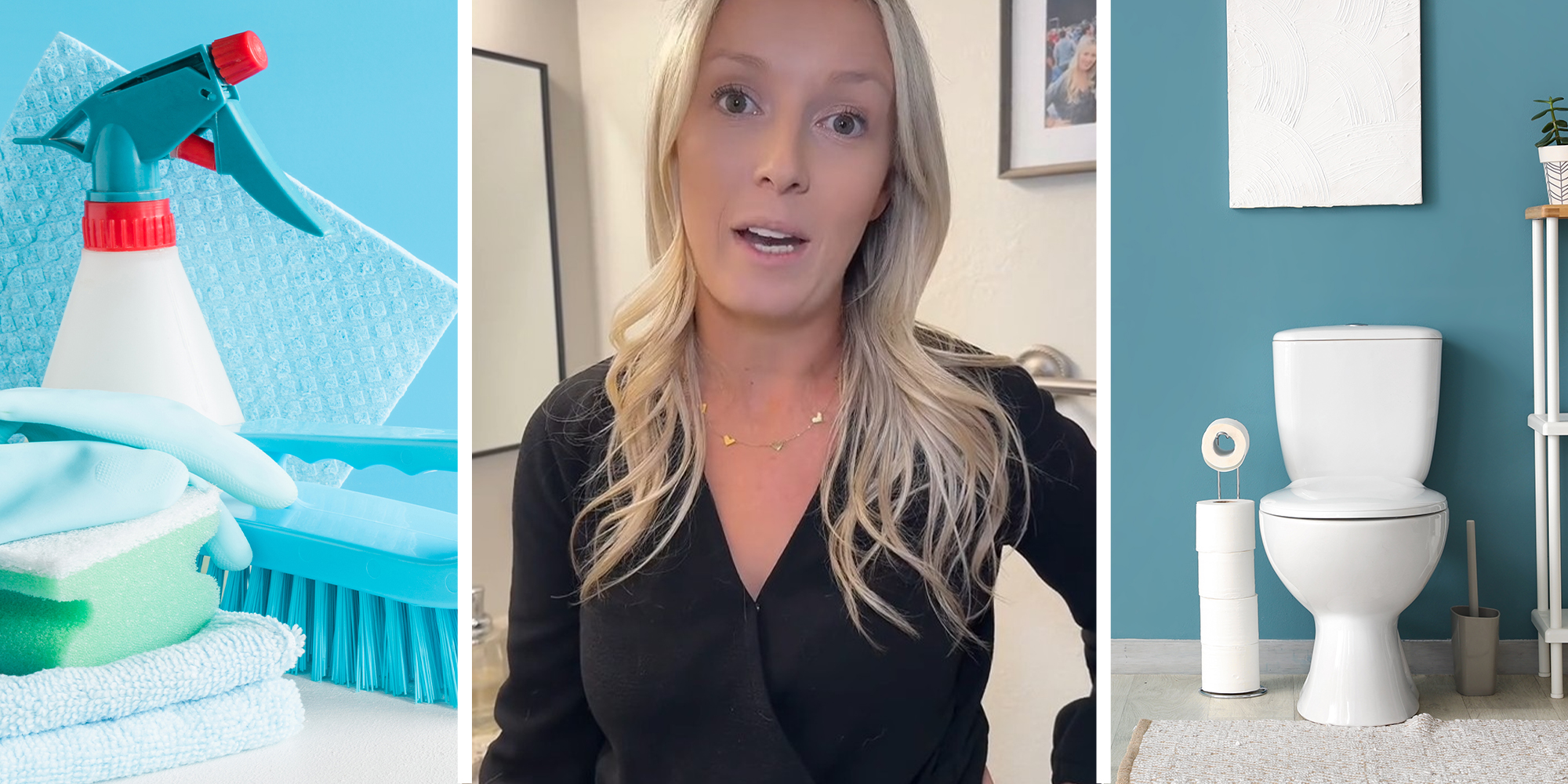 cleaning products blue background(l) Woman sharing best way to clean bathroom(c) Clean Bathroom(r)