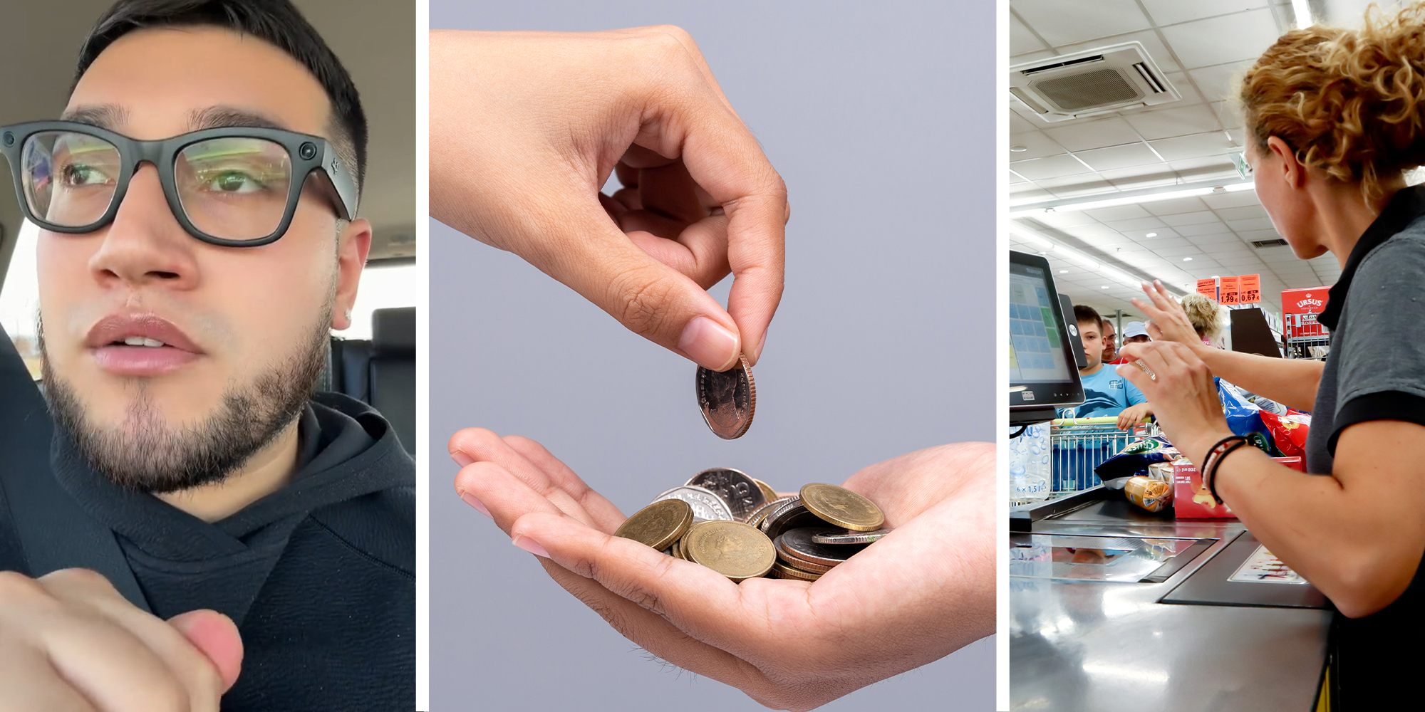 Man sharing story he experienced at cashier(l) Counting coins(c) Cashier(r)