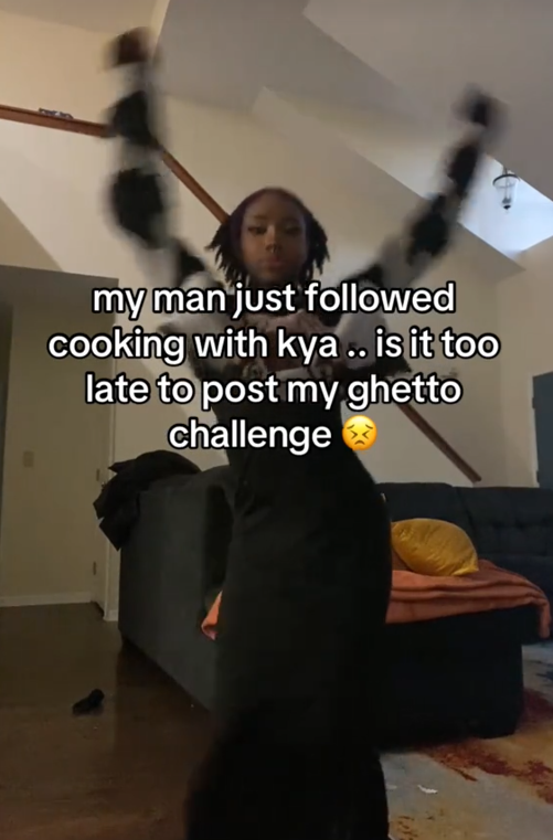 Meme with a woman dancing and asking if it's too late to post her ghetto challenge.