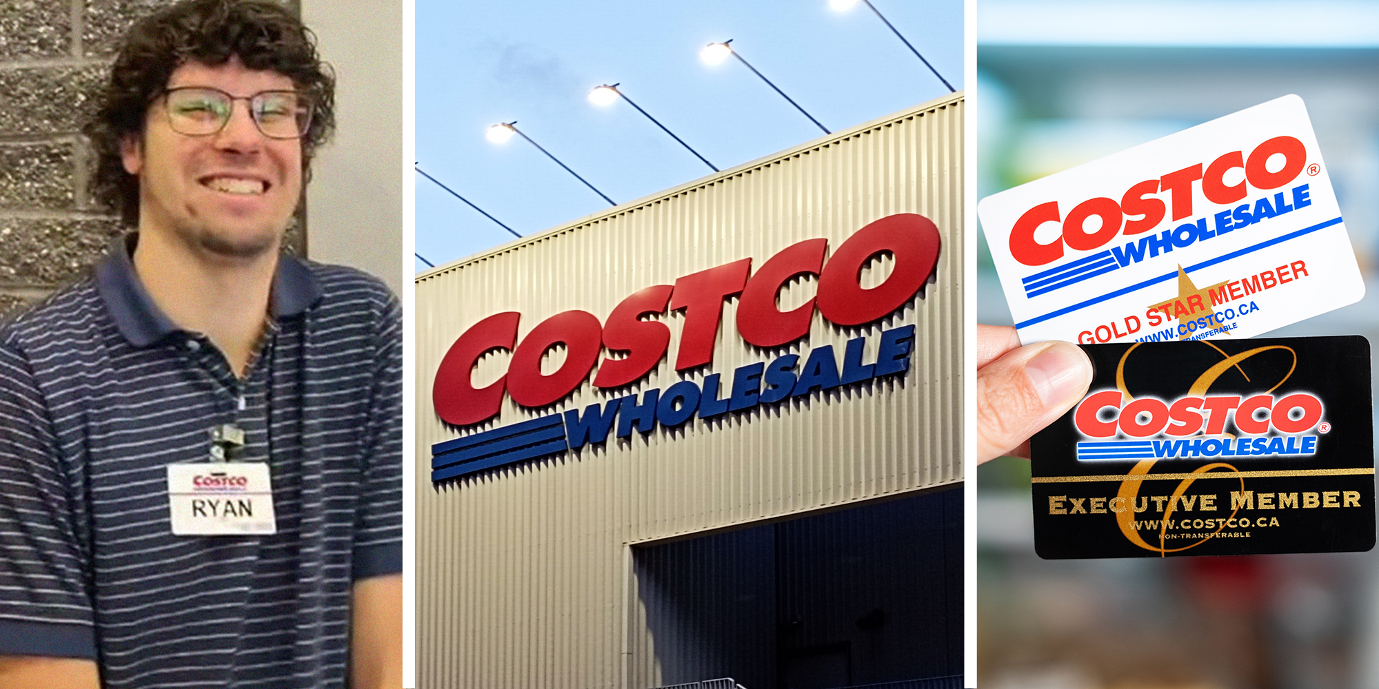 Costco Worker(l) Costco Wholesale Store Front(c) Costco Membership cards(r)