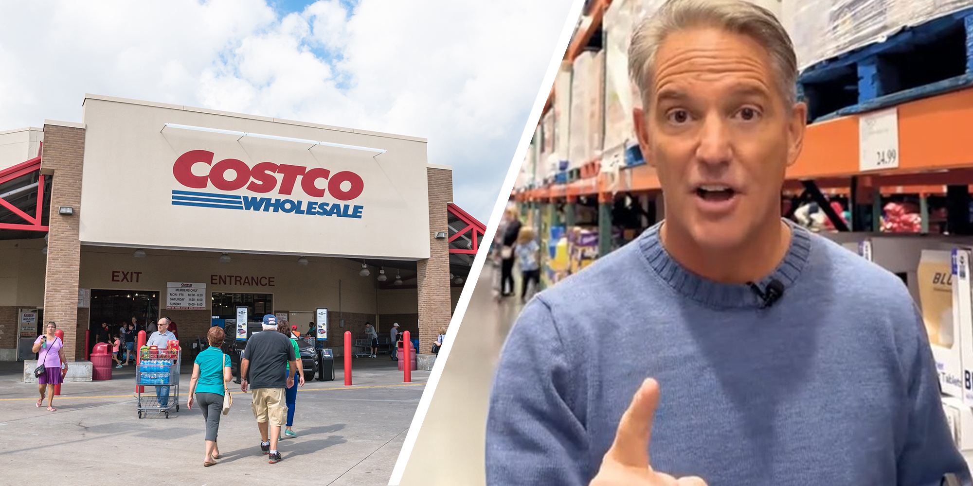 Costco Store Front(l) man sharing costco find(r)