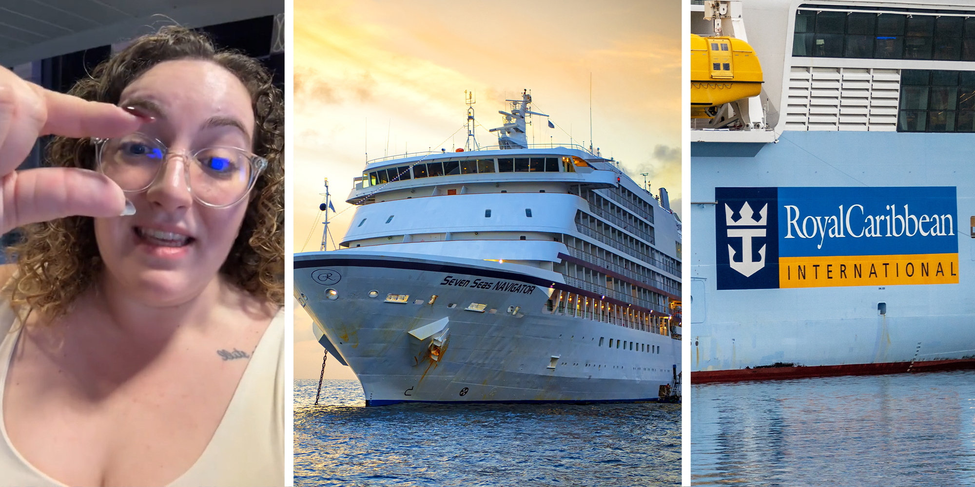 Woman showing small gesture with hand(c) Cruise ship boat(c) Royal Caribbean International Logo (r)